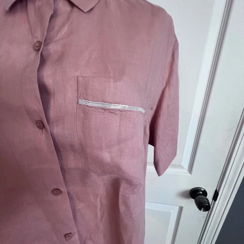 Lafayette 148 New York Pink 100% Linen Short Sleeve Button Down Shirt Women's L - Picture 2 of 9